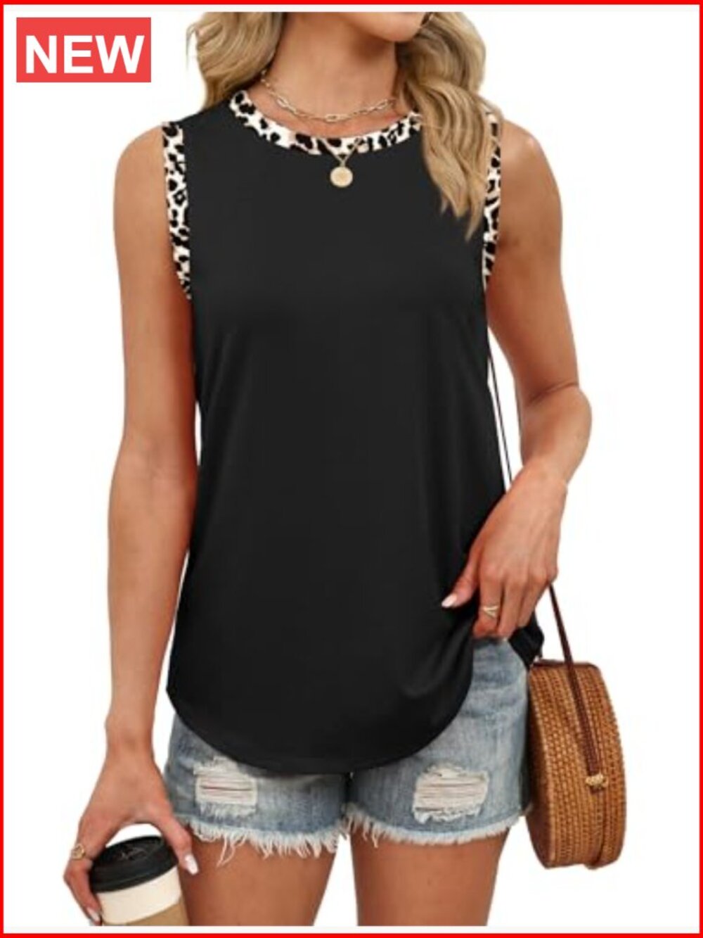 Women's Round Neck Color Block Sleeveless Tank Top Curved Hem Loose Fit Beach - Picture 4 of 6